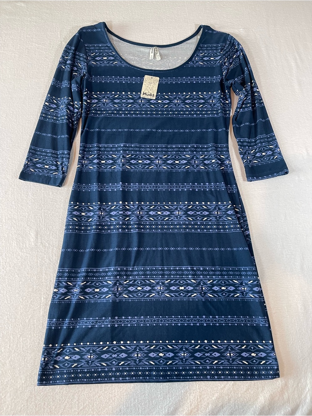 Mudd Navy Bodycon Dress Blue Aztec-Print 3/4 Sleeve Scoop-Neck Juniors M NWT